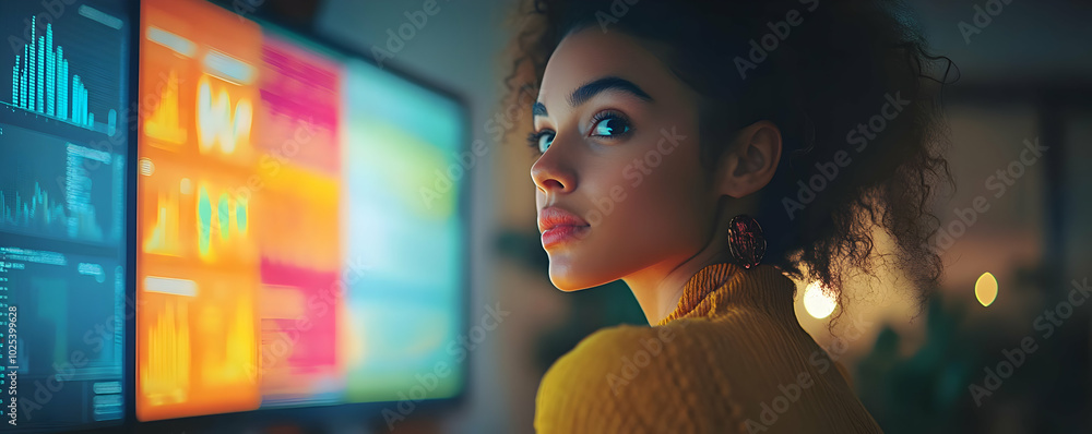 Aufkleber focused woman analyzes colorful data visualizations displayed on multiple monitors