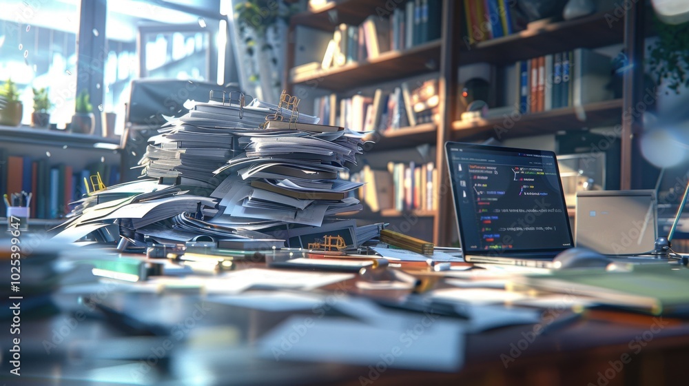 Poster cluttered desk with papers and computer code display