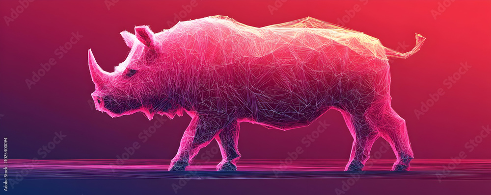 Poster polygonal rhino walks with a geometric pattern on gradient background