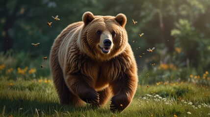 Obraz premium a honey bear running because it is being chased by a swarm of bees
