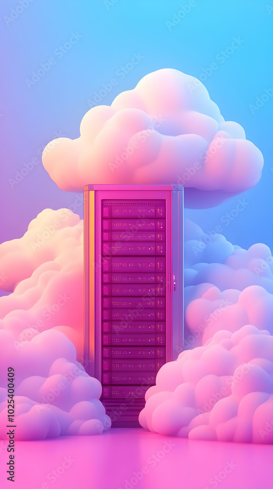 Poster 3d illustration of data center server surrounded by fluffy clouds on gradient background