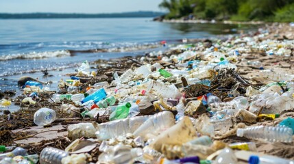 Pollution on Shoreline with Marine Debris and Waste