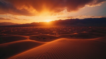 A vibrant sunset over a desert landscape with a distant mountain range in the background. The setting sun casts a warm glow over the sand dunes, creating a dramatic and beautiful scene.