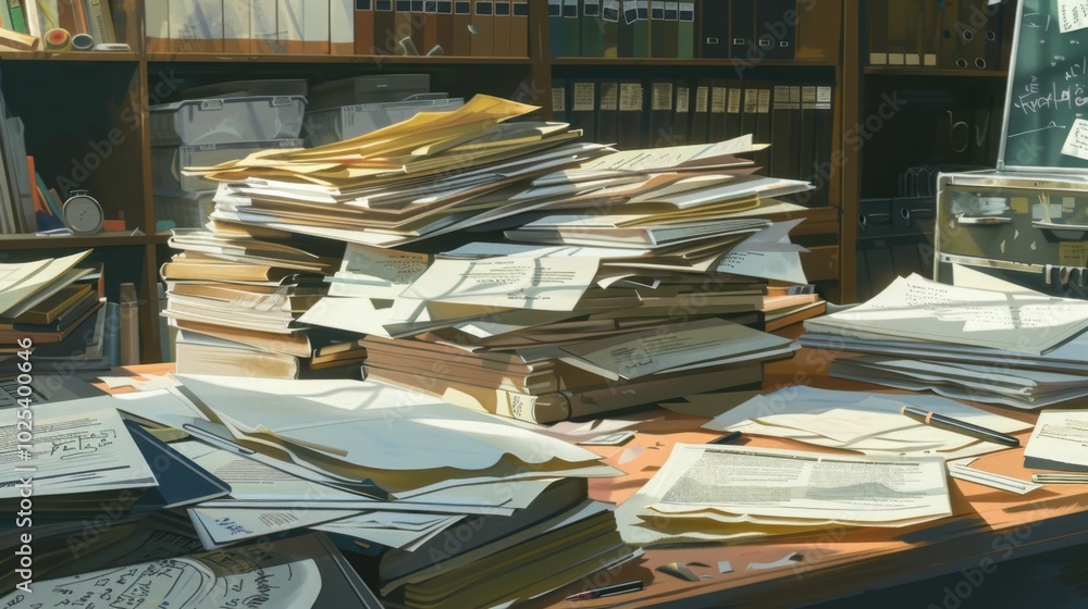 Poster cluttered desk with papers and files in office setting