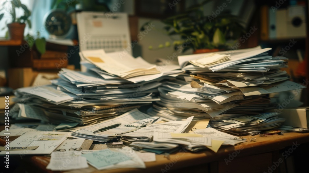 Poster cluttered workspace with stacked papers and documents