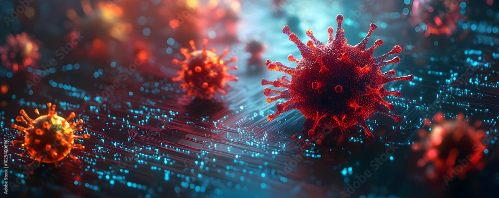 Poster microscopic view of viruses on circuit board