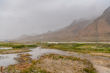 View on the river and mountain pass along Tibet - Qinghai highway, Kunlun mountains