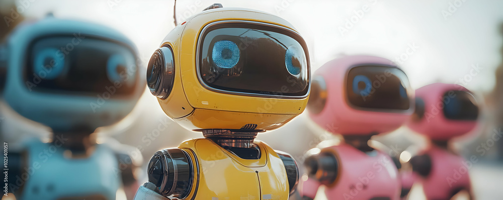 Poster three colorful robots stand together in a line