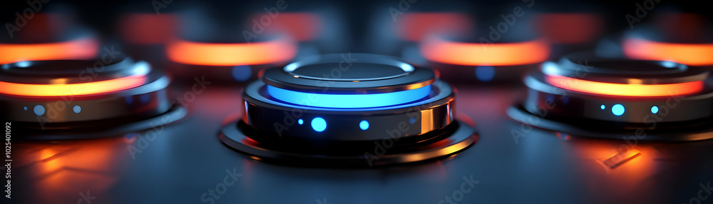 Poster blue illuminated button surrounded by orange buttons shines brightly on control panel