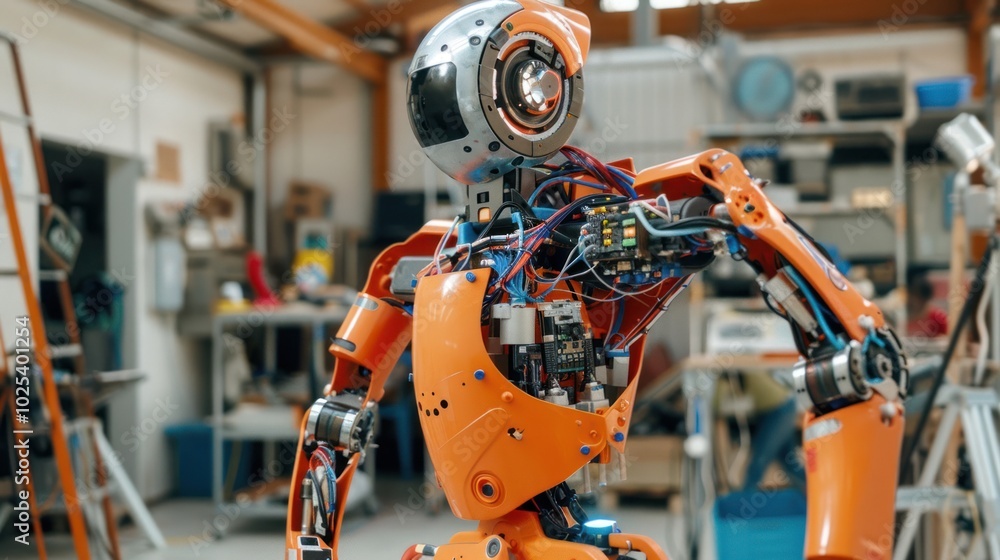 Poster orange robot with exposed wires and mechanisms in a workshop setting