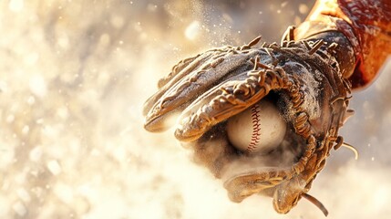 A baseball glove catches a ball, with dust and light flying in the background.