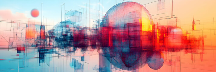 Fototapeta premium Abstract Cityscape with Geometric Shapes and Vibrant Colors in a Dreamlike Setting