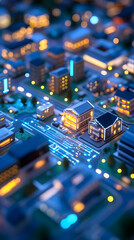 Obraz premium Miniature city model with glowing lights at night