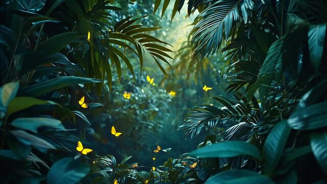 Yellow butterflies flutter through the lush green foliage of a tropical jungle