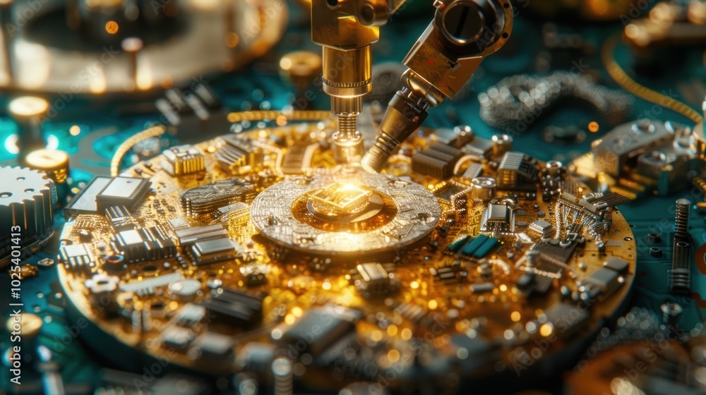 Poster robotic arm assembling a complex circuit board