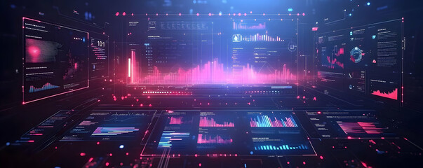Obraz premium Futuristic Digital Interface Displays Complex Data Visualizations in an Abstract Cyberspace Environment