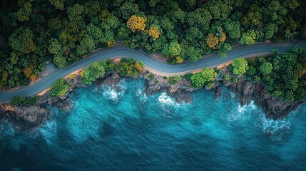 Aerial view of a winding road by the coast.
