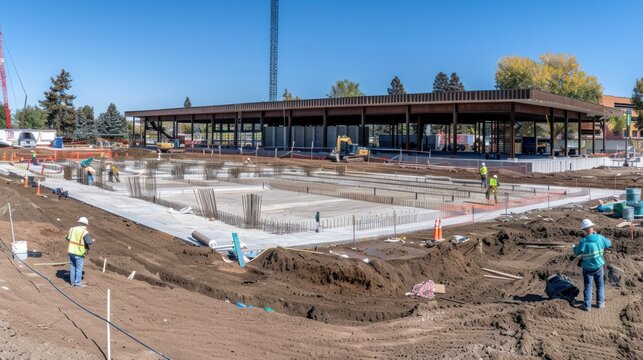 Construction Site with Workers and Concrete Foundation