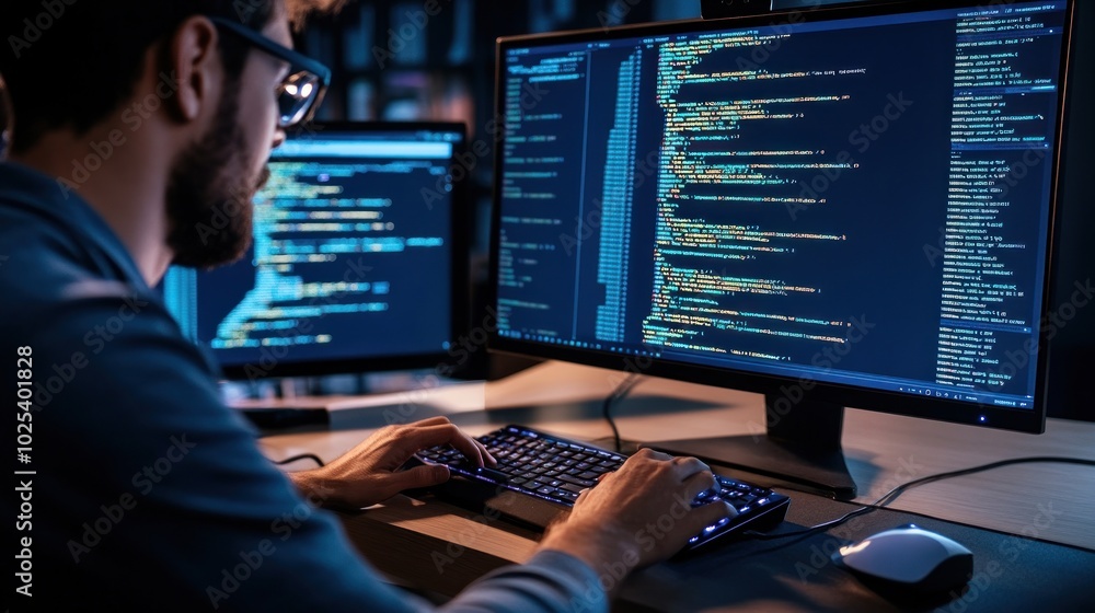 Leinwandbilder A Programmer Working Late at Night with Two Monitors Displaying Code