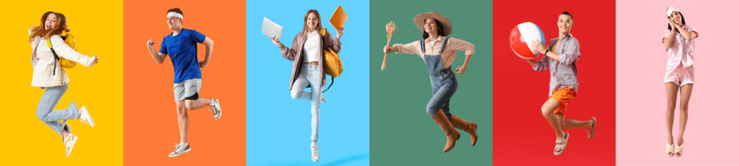 Set of different jumping people on color background