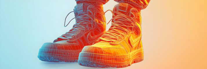 Pair of Wireframe Boots with Detailed Laces and Stitching in Red and Blue Gradient