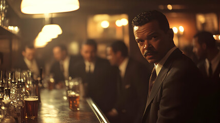 Man in a Suit Sits at a Bar with Patrons Out of Focus in Background