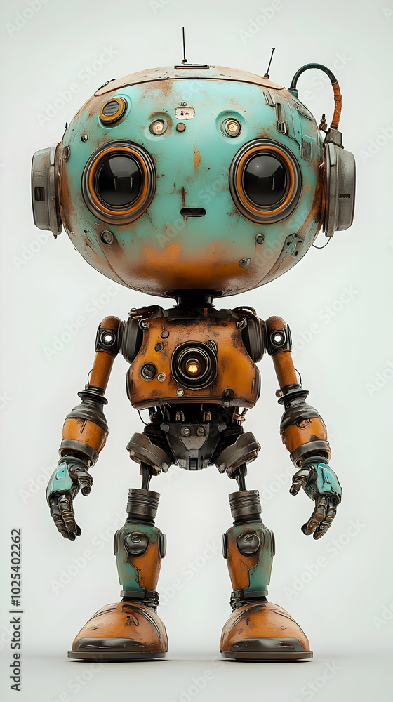 Poster a 3d rendering of a cute robot with a weathered paint job