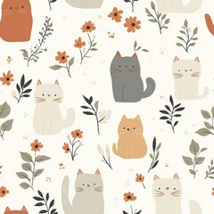 Hand-Drawn Minimalist Cats on Floral Seamless Pattern Background