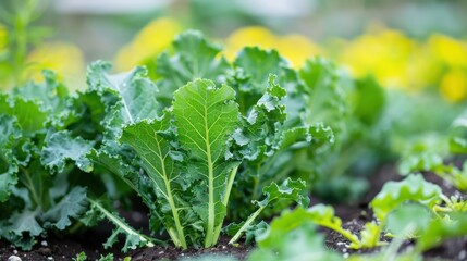 Fresh Green Kale Leaves in Garden Setting