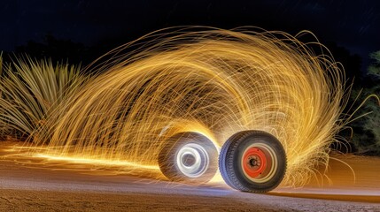 Two Vehicle Tires Spinning at Night Creating a Spark Shower