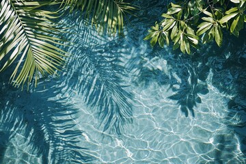 Top view of a blue calm and clear calm water surface, water texture with ripples and shadow of palm leafs, Zen and relaxing background