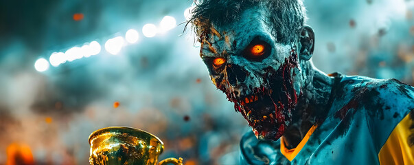 Close-up of a Gory Undead Being Holds Up a Trophy in Victory
