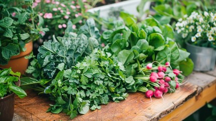 Fresh Herbs and Greens on Wooden Table
