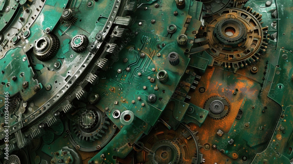 Poster abstract green mechanical background with gears and circuits
