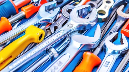 Fototapeta premium Assorted Wrenches and Tools on a Blue Surface