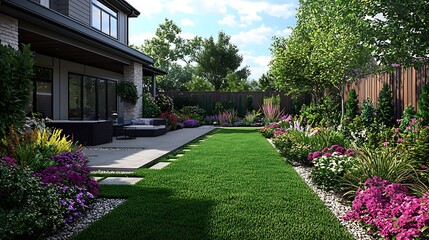 Obraz premium Lush Green Lawn Colorful Flower Beds in Backyard Garden Design