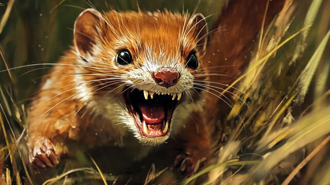 A weasel with sharp teeth and a fierce expression is caught in the midst of a hunt, surrounded by tall grass