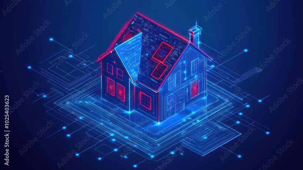 Poster a futuristic depiction of a house connected to a digital network