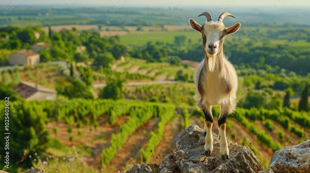 Canvas Prints Goat in Vineyard with Scenic Landscape Background