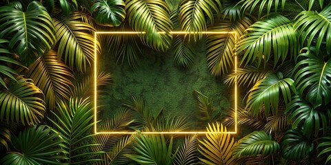 Fototapeta premium Close-Up Gold neon frame background with empty space among tropical jungle foliage