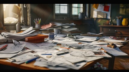 Creative Workspace with Papers and Stationery Items