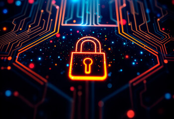 Digital lock with keyhole on circuit board grid and bright blue background, symbolizing cybersecurity and data protection.