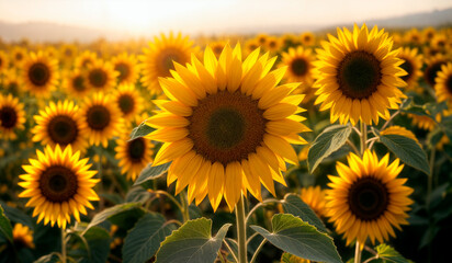 Close-up of sunflowers in full bloom, vibrant and radiant.