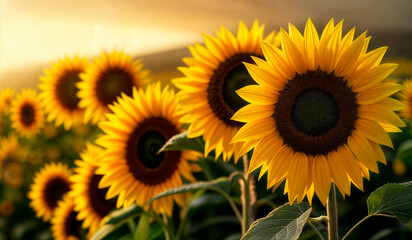 Obraz premium Close-up of sunflowers in full bloom, vibrant and radiant.