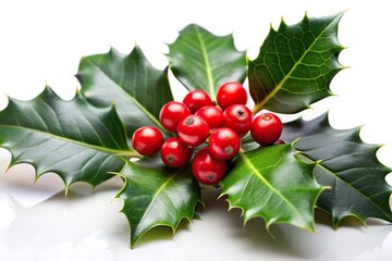 Close-up holy sprig with red berries on white background