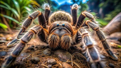 Closeup image of a gentle tarantula Fisheye