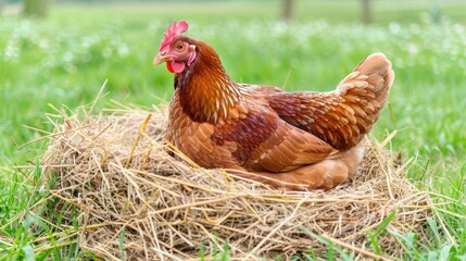 Hen Nesting in Grass with Straw