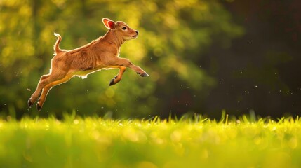 Joyful Calf Leaping Through Lush Green Meadow