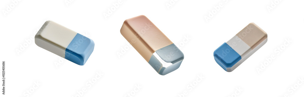 Poster three rectangular erasers with different colored tops.