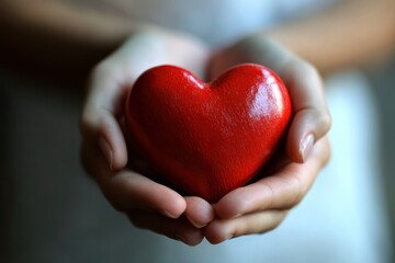 Obraz premium Hands Cradling a Shiny Red Heart Symbolizing Love